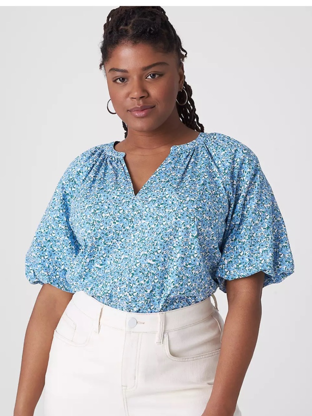 Lane Bryant Blue Floral Puff-Sleeve Blouse